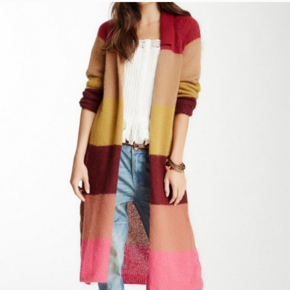 Free People Over The Rainbow Multicolor Long Striped Cardigan Sweater Large - Picture 5 of 16